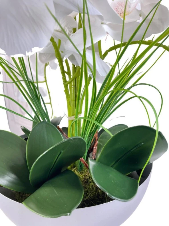 Nettenevime Yapay Çiçek 6 Islak Orkideli Aranjman Kare Ayaklı Konik Metal Mat Gümüş Vazolu Masa Üstü Çiçeği Arajman 29007 - Resim 6