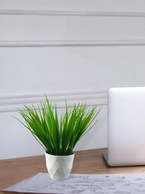 Nettenevime Yapay Çiçek Beyaz Saksıda Saz Ot Yeşil Dekoratif Masa Çiçeği - Resim 2