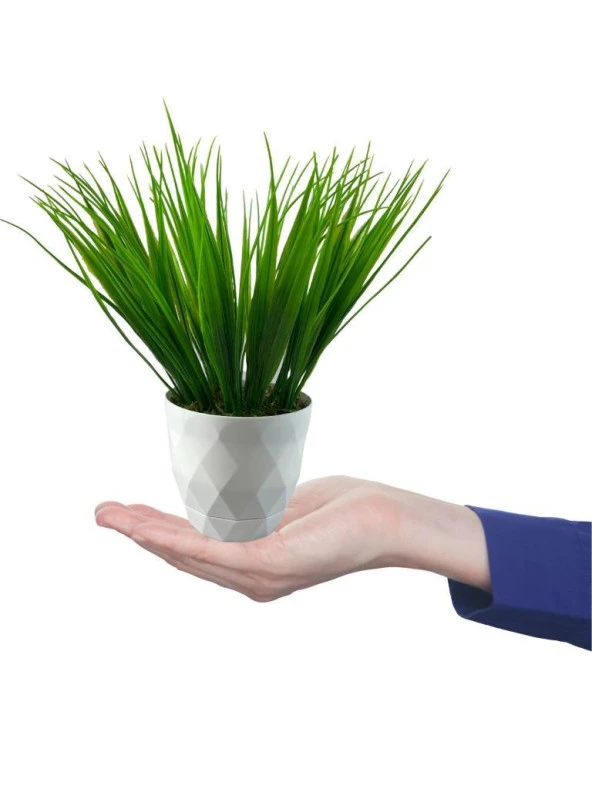 Nettenevime Yapay Çiçek Beyaz Saksıda Saz Ot Yeşil Dekoratif Masa Çiçeği - Resim 3