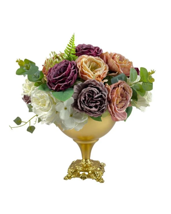 Nettenevime Yapay Çiçek Ve Latex Aranjmanı Döküm Ayaklı Yuvarlak Metal Gold Vazolu Masa Üstü Çiçeği Arajman 83495 - Resim 2