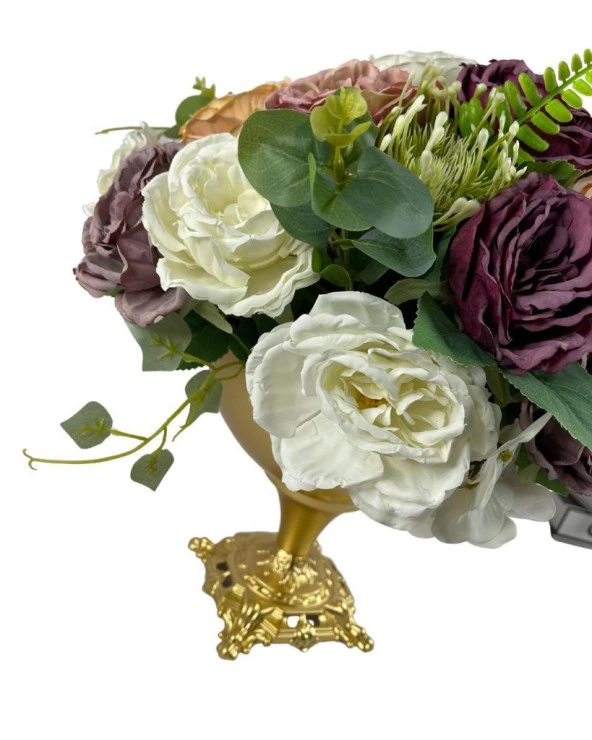 Nettenevime Yapay Çiçek Ve Latex Aranjmanı Döküm Ayaklı Yuvarlak Metal Gold Vazolu Masa Üstü Çiçeği Arajman 83495 - Resim 3