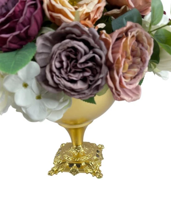 Nettenevime Yapay Çiçek Ve Latex Aranjmanı Döküm Ayaklı Yuvarlak Metal Gold Vazolu Masa Üstü Çiçeği Arajman 83495 - Resim 4
