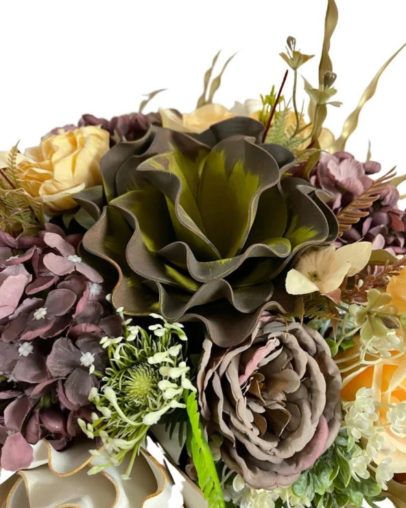 Nettenevime Yapay Çiçek Ve Latex Aranjmanı Kare Ayaklı Yuvarlak Metal Gold Vazolu Masa Üstü Çiçeği Arajman 60402 - Resim 3