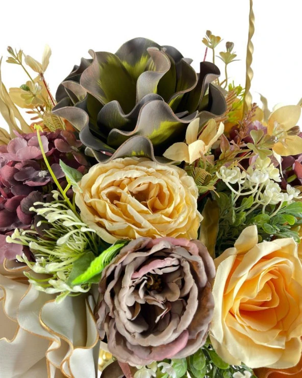 Nettenevime Yapay Çiçek Ve Latex Aranjmanı Kare Ayaklı Yuvarlak Metal Gold Vazolu Masa Üstü Çiçeği Arajman 60402 - Resim 4