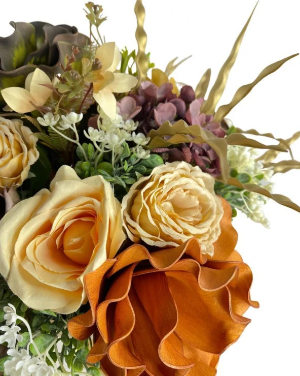 Nettenevime Yapay Çiçek Ve Latex Aranjmanı Kare Ayaklı Yuvarlak Metal Gold Vazolu Masa Üstü Çiçeği Arajman 60402 - Resim 5