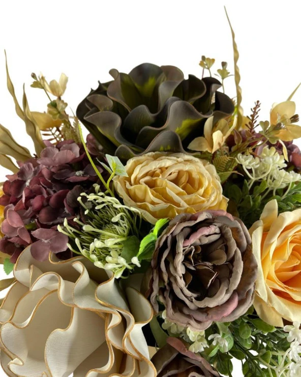 Nettenevime Yapay Çiçek Ve Latex Aranjmanı Kare Ayaklı Yuvarlak Metal Gold Vazolu Masa Üstü Çiçeği Arajman 60402 - Resim 6