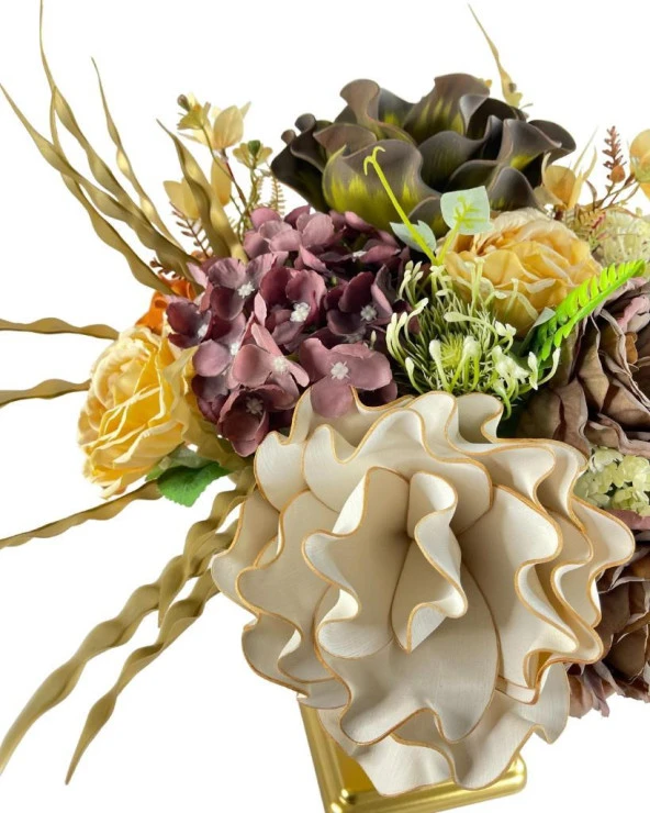 Nettenevime Yapay Çiçek Ve Latex Aranjmanı Kare Ayaklı Yuvarlak Metal Gold Vazolu Masa Üstü Çiçeği Arajman 60402 - Resim 7