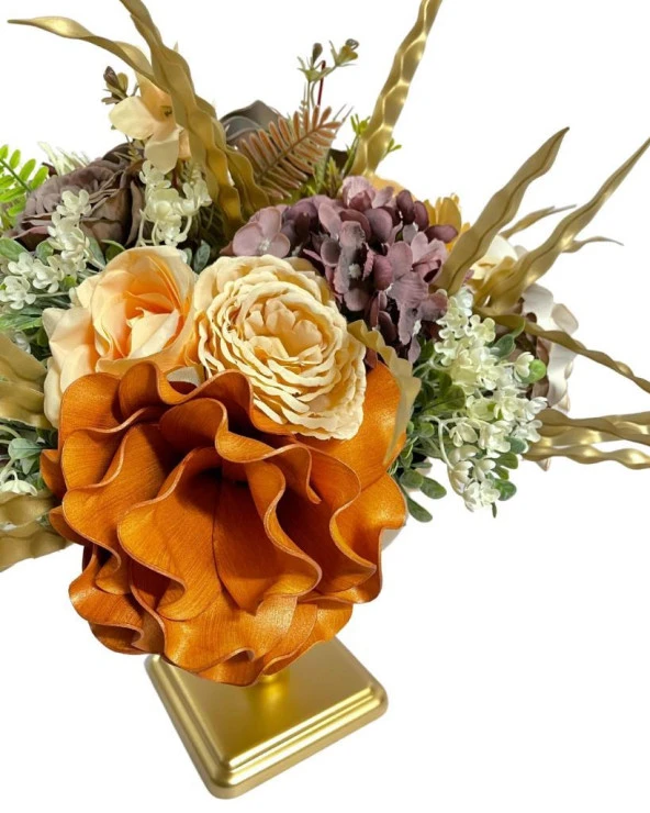 Nettenevime Yapay Çiçek Ve Latex Aranjmanı Kare Ayaklı Yuvarlak Metal Gold Vazolu Masa Üstü Çiçeği Arajman 60402 - Resim 8