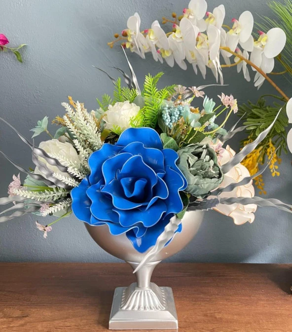 Nettenevime Yapay Çiçek Ve Latex Aranjmanı Metal Gümüş Vazolu Masa Üstü Çiçeği Arajman 94179 - 5