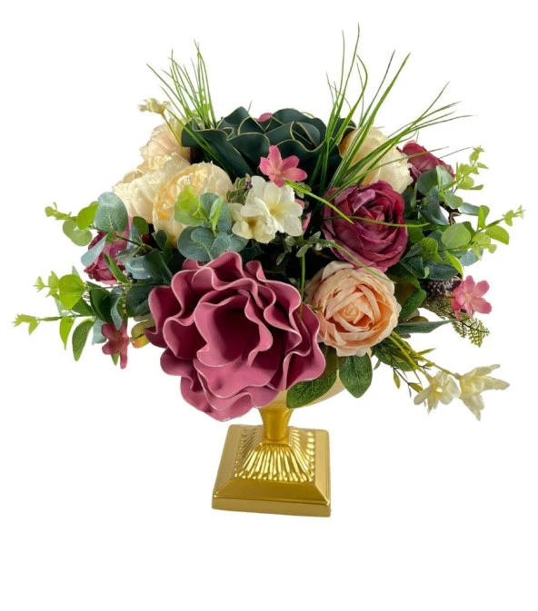 Nettenevime Yapay Çiçek Ve Latex Aranjmanı Metal Gold Vazolu Masa Üstü Çiçeği Arajman 17386 - Resim 2