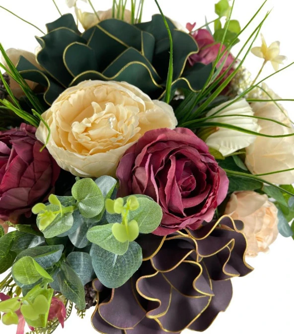 Nettenevime Yapay Çiçek Ve Latex Aranjmanı Metal Gold Vazolu Masa Üstü Çiçeği Arajman 17386 - Resim 3