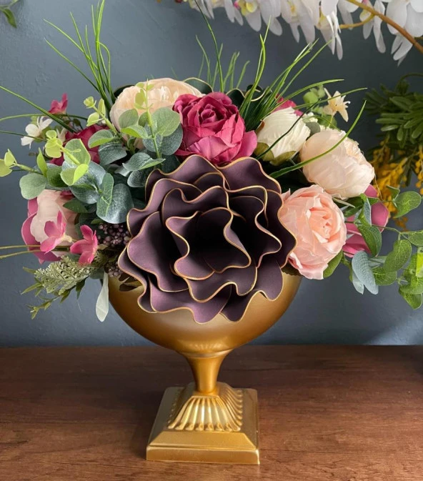 Nettenevime Yapay Çiçek Ve Latex Aranjmanı Metal Gold Vazolu Masa Üstü Çiçeği Arajman 17386 - Resim 5