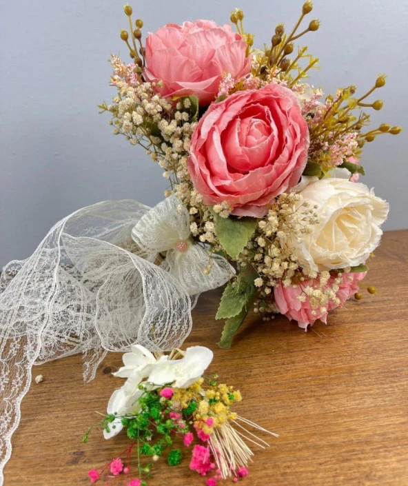 Nettenevime Gelin Çiçeği Yapay Çiçek Pembe Krem Şakayık Ve Kuru Cipso lu Gelin Buketi - 2