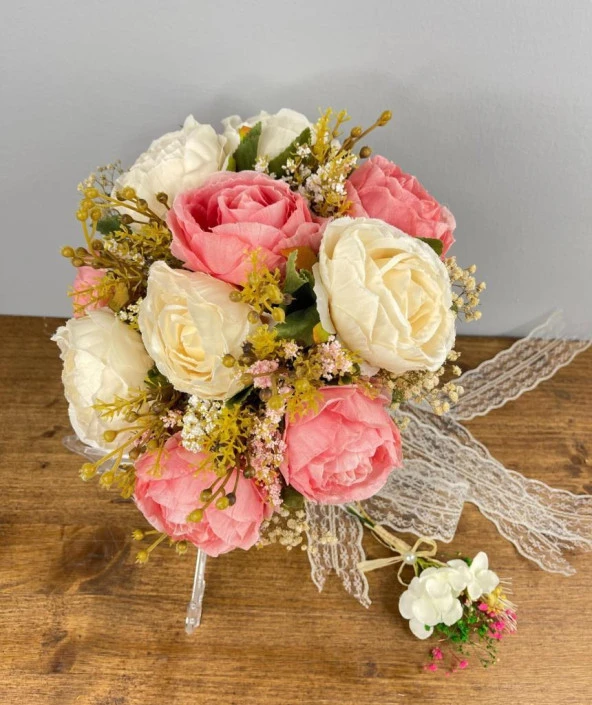 Nettenevime Gelin Çiçeği Yapay Çiçek Pembe Krem Şakayık Ve Kuru Cipso lu Gelin Buketi - 4