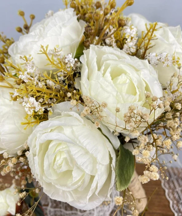 Nettenevime Gelin Çiçeği Yapay Çiçek Krem Şakayık Ve Kuru Cipso lu Gelin Buketi - 3