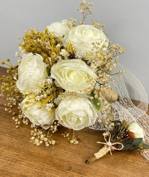 Nettenevime Gelin Çiçeği Yapay Çiçek Krem Şakayık Ve Kuru Cipso lu Gelin Buketi - 4