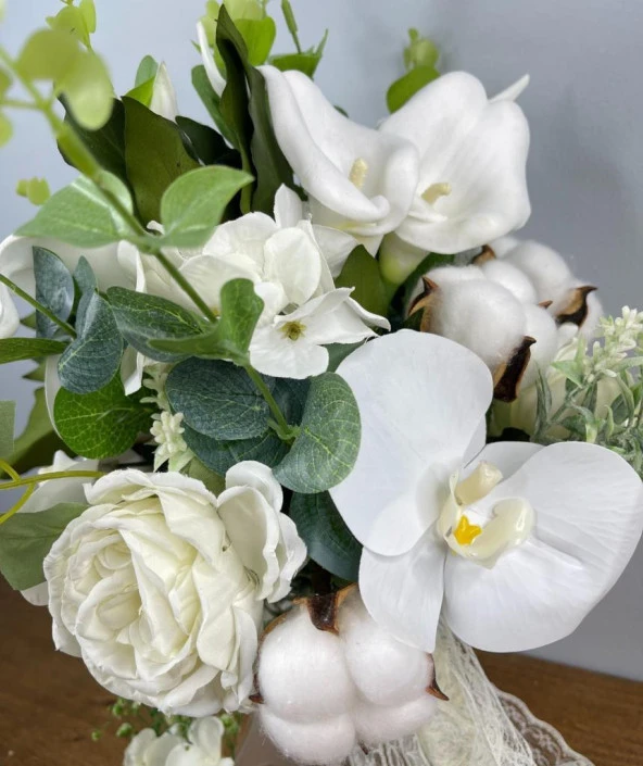 Nettenevime Gelin Çiçeği Yapay Çiçek Beyaz Islak Orkide Gala Pamuk Şakayık Ve Yeşillik Gelin Buketi - 4