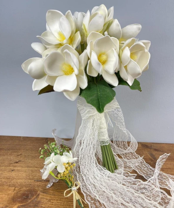 Nettenevime Gelin Çiçeği Yapay Çiçek Krem Manolya Gelin Buketi 14 Çiçekli