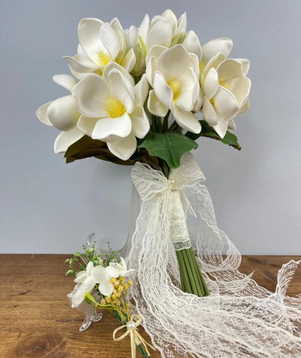 Nettenevime Gelin Çiçeği Yapay Çiçek Krem Manolya Gelin Buketi 14 Çiçekli - 2