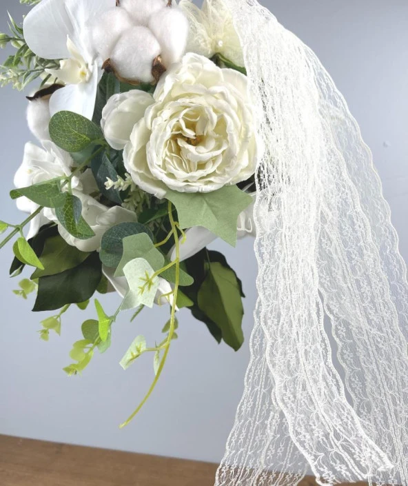 Nettenevime Gelin Çiçeği Yapay Çiçek Beyaz Islak Orkide Gala Pamuk Şakayık Ve Yeşillik Gelin Buketi - 6