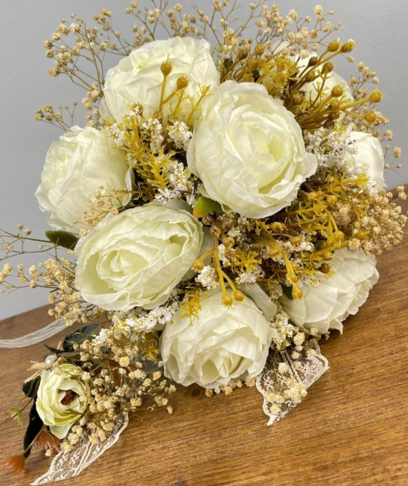 Nettenevime Gelin Çiçeği Yapay Çiçek Krem Şakayık Ve Kuru Cipso lu Gelin Buketi - 6