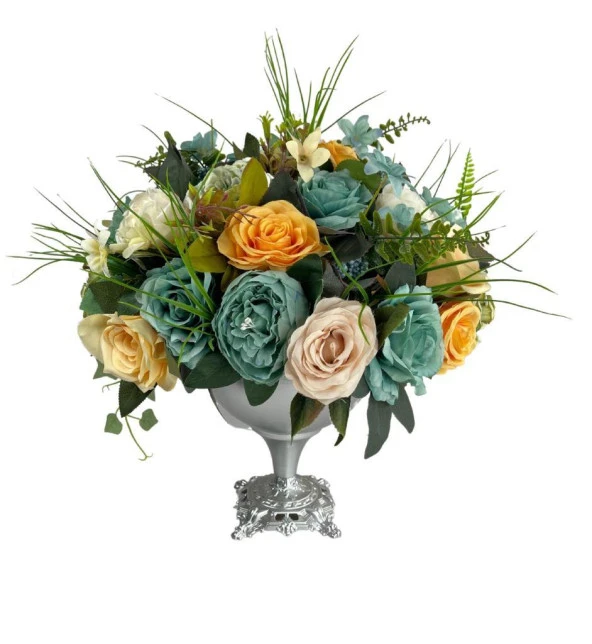 Nettenevime Yapay Çiçek Ve Latex Aranjmanı Metal Gümüş Renk Vazolu Masa Üstü Çiçeği Arajman - Resim 4