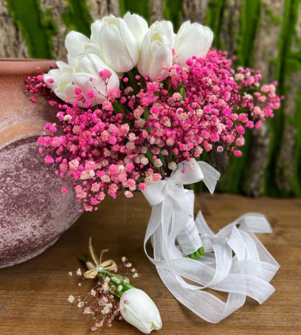 Nettenevime Gelin Çiçeği Yapay Çiçek Beyaz Islak Lale Ve Pembe Cipso Aranjmanı Gelin Buketi