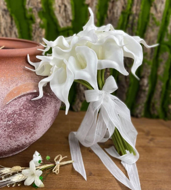 Nettenevime Gelin Çiçeği Yapay Çiçek Beyaz Islak Gala Gelin Buketi 24 Çiçekli - 5