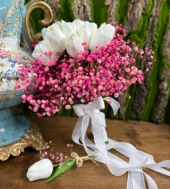 Nettenevime Gelin Çiçeği Yapay Çiçek Beyaz Islak Lale Ve Pembe Cipso Aranjmanı Gelin Buketi - 7