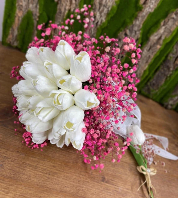 Nettenevime Gelin Çiçeği Yapay Çiçek Beyaz Islak Lale Ve Pembe Cipso Aranjmanı Gelin Buketi - 8