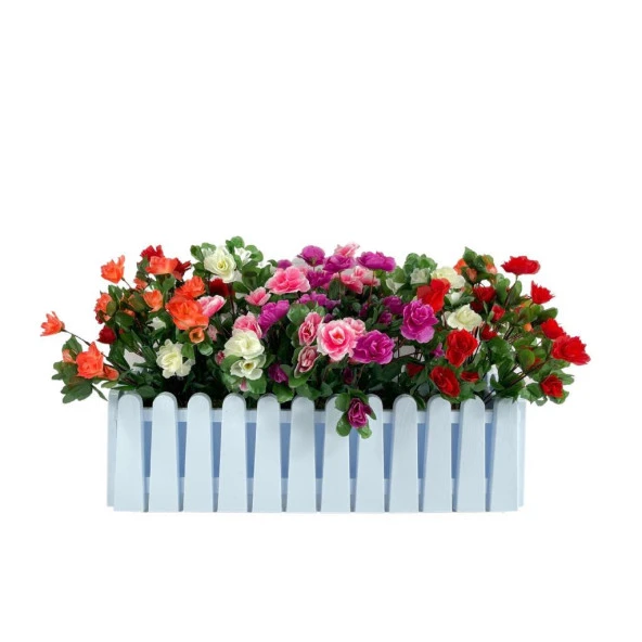 Nettenevime Yapay Çiçek Beyaz Çit Balkon Saksısı Renkli Açelya Çiçekli 55*20cm
