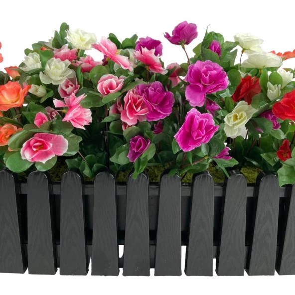 Nettenevime Yapay Çiçek Siyah Çit Balkon Saksısı Renkli Açelya Çiçekli 55*20cm - Resim 2