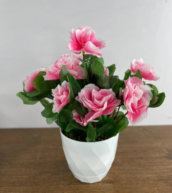 Nettenevime Yapay Çiçek Beyaz Saksıda Pembe Açelya Dekoratif Masa Çiçeği - 2