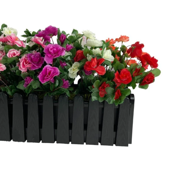 Nettenevime Yapay Çiçek Siyah Çit Balkon Saksısı Renkli Açelya Çiçekli 55*20cm - Resim 3
