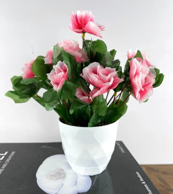 Nettenevime Yapay Çiçek Beyaz Saksıda Pembe Açelya Dekoratif Masa Çiçeği - 3