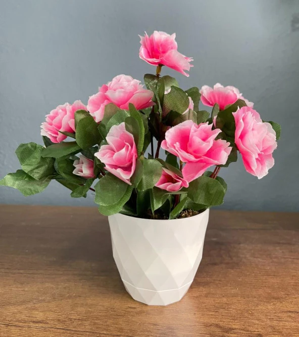 Nettenevime Yapay Çiçek Beyaz Saksıda Pembe Açelya Dekoratif Masa Çiçeği - 4