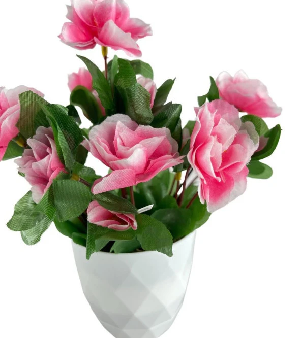 Nettenevime Yapay Çiçek Beyaz Saksıda Pembe Açelya Dekoratif Masa Çiçeği - 5