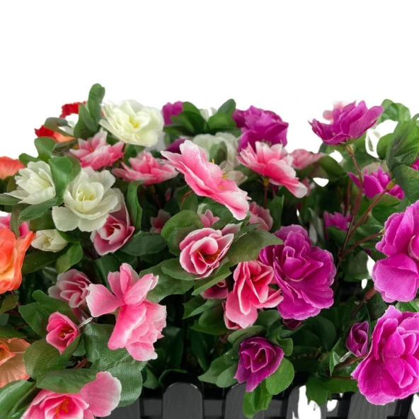 Nettenevime Yapay Çiçek Siyah Çit Balkon Saksısı Renkli Açelya Çiçekli 55*20cm - Resim 4