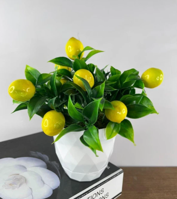 Nettenevime Yapay Çiçek Beyaz Saksıda Limon Demeti Dekoratif Masa Çiçeği - Resim 5