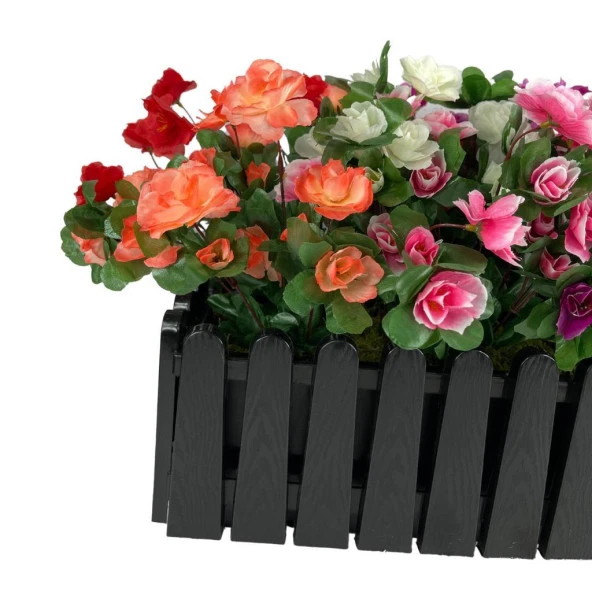 Nettenevime Yapay Çiçek Siyah Çit Balkon Saksısı Renkli Açelya Çiçekli 55*20cm - Resim 8