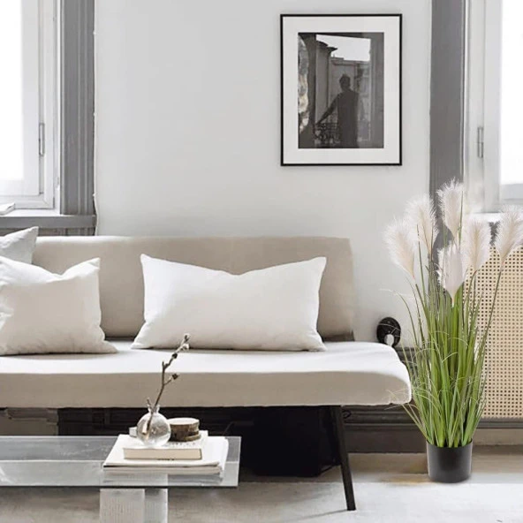 Nettenevime Yapay Çiçek Saksılı Salon Bitkisi Beyaz Püskül Grass Panpas - Resim 3