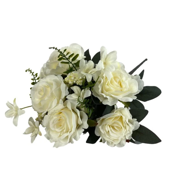 Nettenevime Yapay Çiçek Büyük Demet 6 Kafalı Gül Demeti Ve Cipsolu KREM - Resim 4