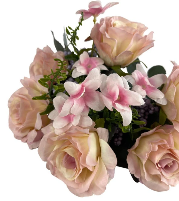 Nettenevime Yapay Çiçek Büyük Demet 6 Kafalı Gül Demeti Ve Cipsolu PEMBE AÇIK - Resim 2