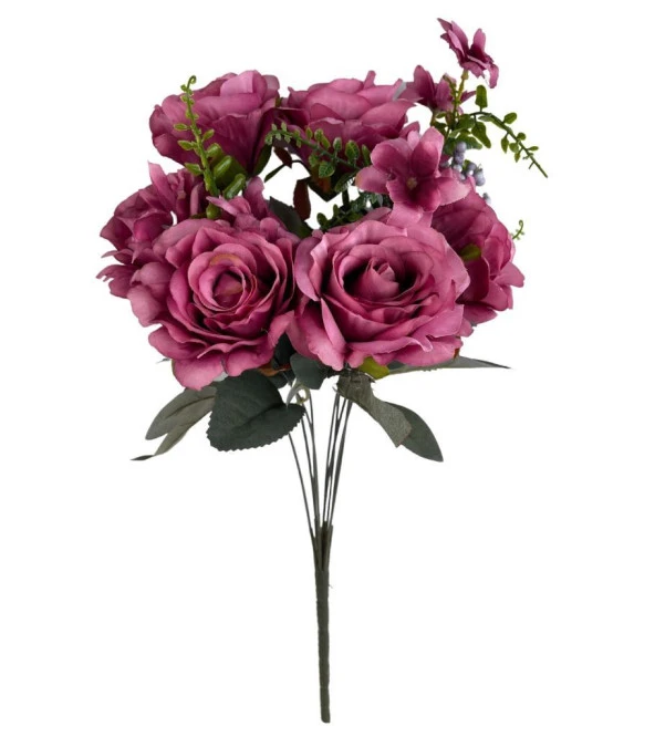 Nettenevime Yapay Çiçek Büyük Demet 6 Kafalı Gül Demeti Ve Cipsolu FUŞYA - Resim 2