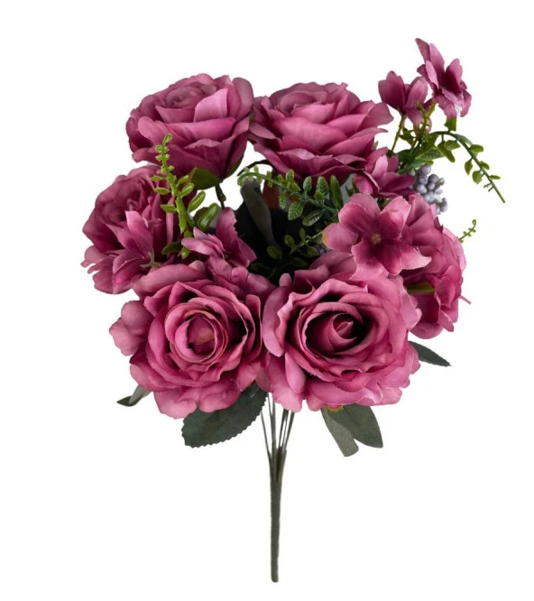 Nettenevime Yapay Çiçek Büyük Demet 6 Kafalı Gül Demeti Ve Cipsolu FUŞYA - Resim 3