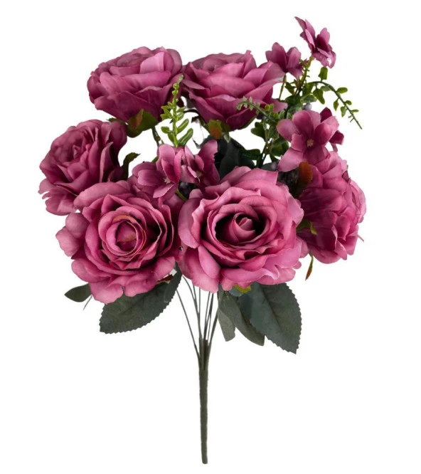Nettenevime Yapay Çiçek Büyük Demet 6 Kafalı Gül Demeti Ve Cipsolu FUŞYA - Resim 5