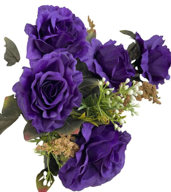 Nettenevime Yapay Çiçek Büyük Demet 7 Kafalı 4 Cipsolu Gül Demeti İNDİGO MOR - Resim 2