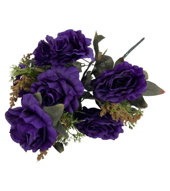 Nettenevime Yapay Çiçek Büyük Demet 7 Kafalı 4 Cipsolu Gül Demeti İNDİGO MOR - Resim 3