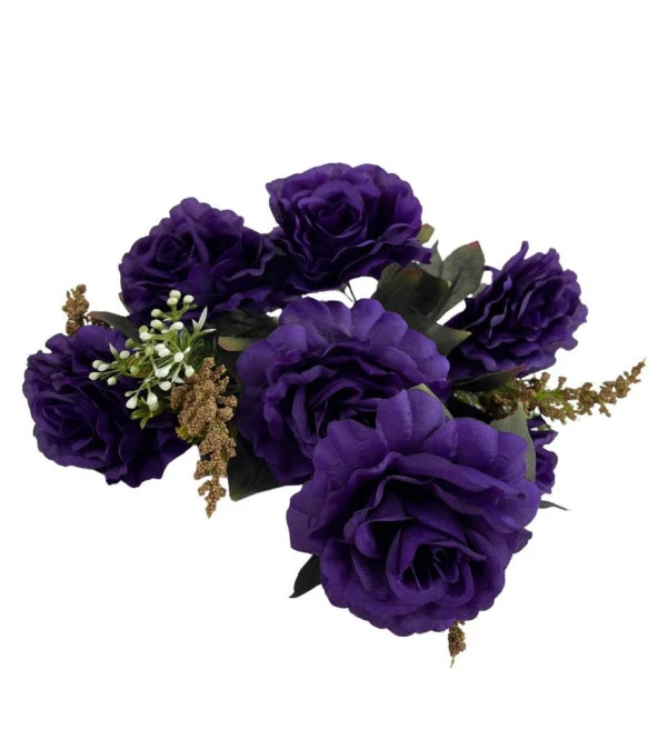 Nettenevime Yapay Çiçek Büyük Demet 7 Kafalı 4 Cipsolu Gül Demeti İNDİGO MOR - Resim 4