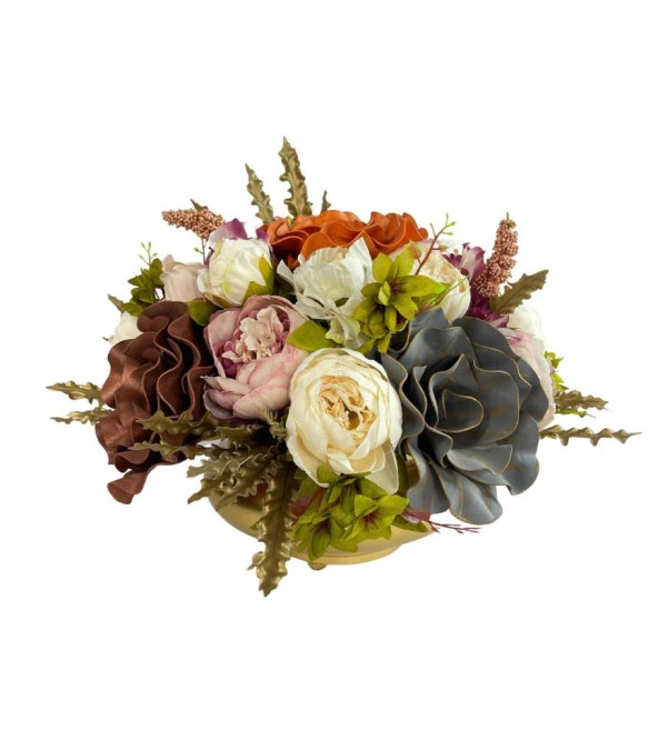 Nettenevime Yapay Çiçek Ve Latex Aranjmanı Top Ayaklı Yuvarlak Metal Gold Vazolu Masa Üstü Çiçeği Arajman 88892 - Resim 2